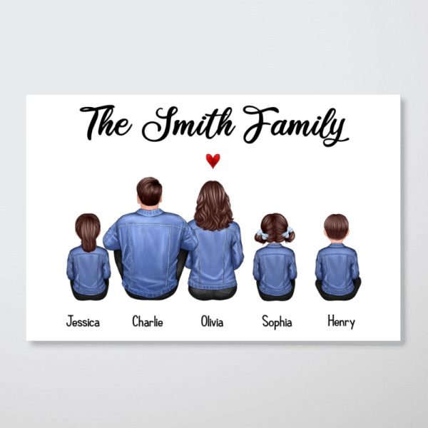 Whole Family Back View Denim Couple Dad Mom Kids Dogs Cats Sitting Personalized Horizontal Poster For Sale - Image 5