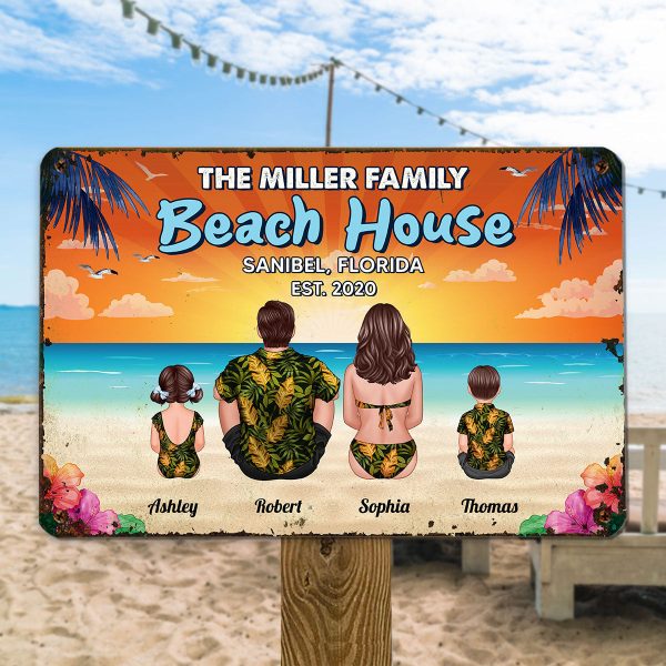 Summer Beach House Back View Family Couple Kid Dog Cat Personalized Metal Sign Discount - Image 3