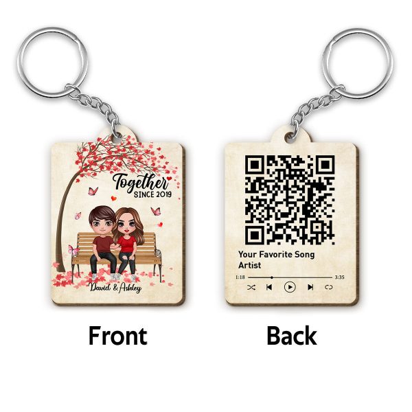 Couple Sitting Under Tree Scannable QR Code Personalized Wooden Keychain Discount
