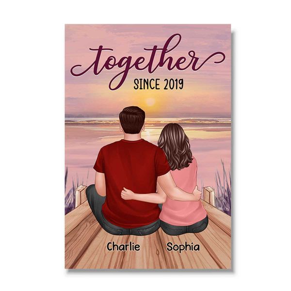 Couple Sitting Back View Lake Sunset Personalized Vertical Poster For Cheap