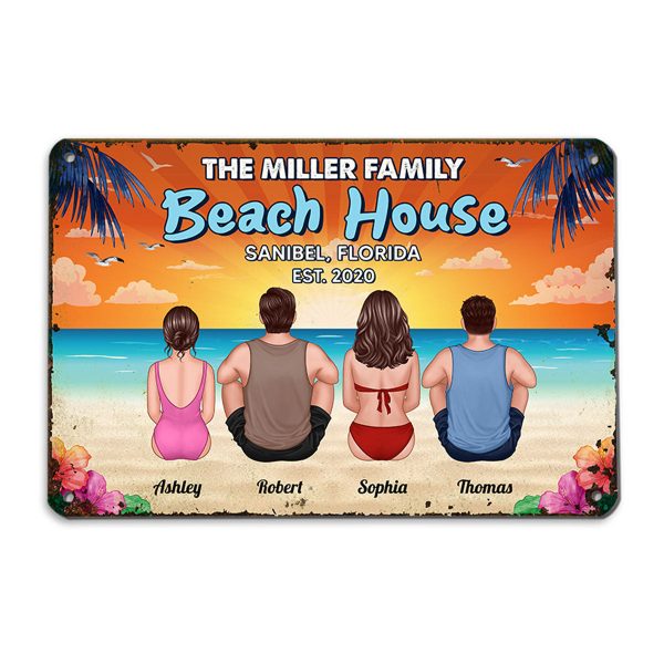 Summer Beach House Back View Family Couple Kid Dog Cat Personalized Metal Sign Discount