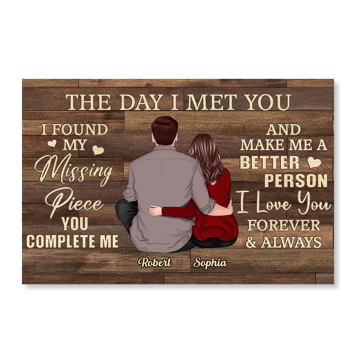Found My Missing Piece Back View Couple Sitting Brown Palette Personalized Horizontal Poster For Sale