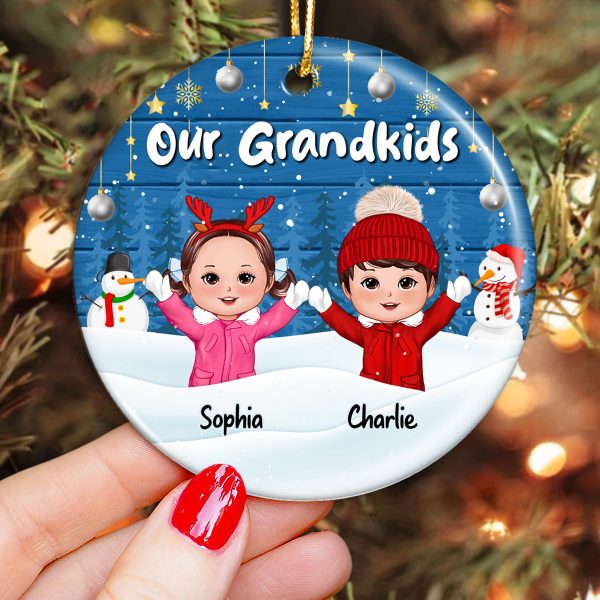 Happy Kids Playing In Snow Blue Wooden Personalized Circle Ornament Online Hot Sale - Image 3