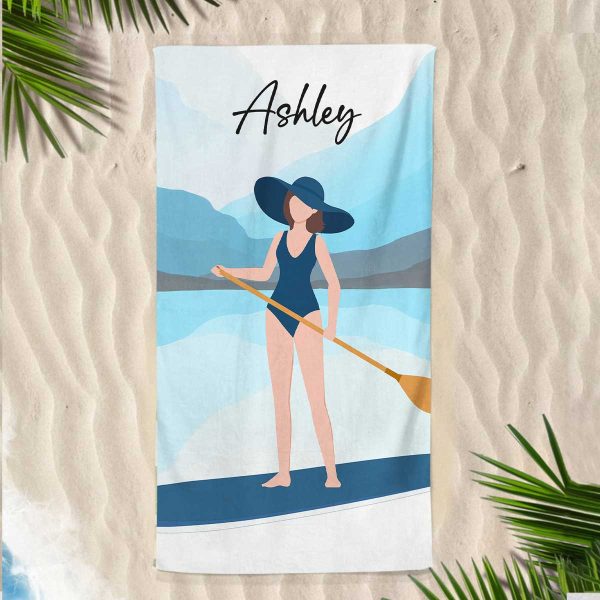 Woman Paddle Boarding Summer Gift Personalized Beach Towel Online now - Image 3