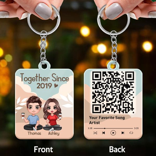 Doll Couple Sitting Abstract Boho Favorite Song QR Code Personalized Acrylic Keychain Online - Image 3