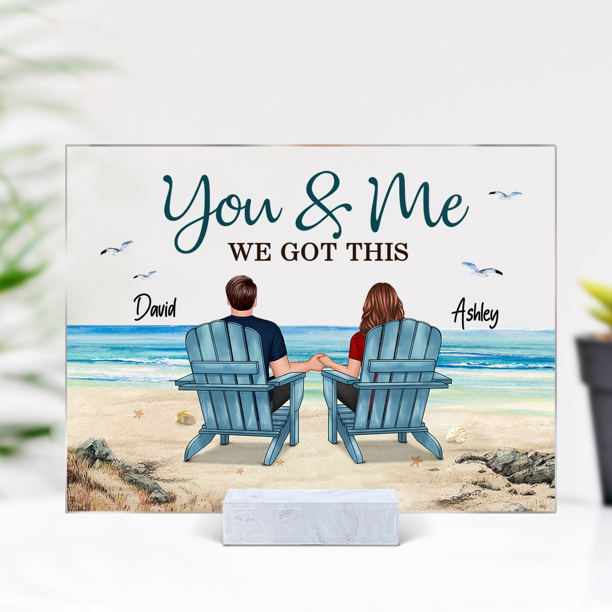 Back View Couple Sitting Beach Landscape Personalized Acrylic Plaque For Sale