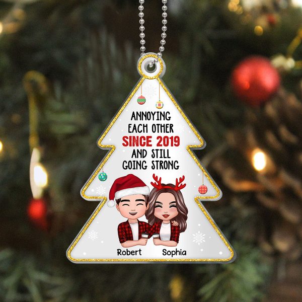 Annoying Each Other Since Doll Couple Hugging Holding Drinks Personalized Christmas Tree Shaped Acrylic Ornament Online - Image 3