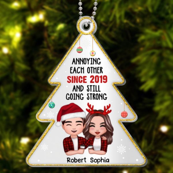 Annoying Each Other Since Doll Couple Hugging Holding Drinks Personalized Christmas Tree Shaped Acrylic Ornament Online - Image 4