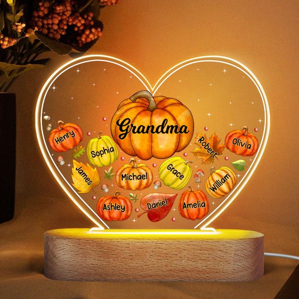 Grandma Mom Pumpkins Fall Leaves Personalized Heart Acrylic LED Night Light Online now