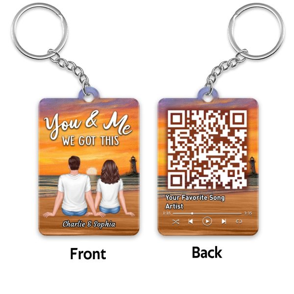 Couple Watching Sunset On Beach Favorite Song QR Code Personalized Acrylic Keychain on Sale - Image 4