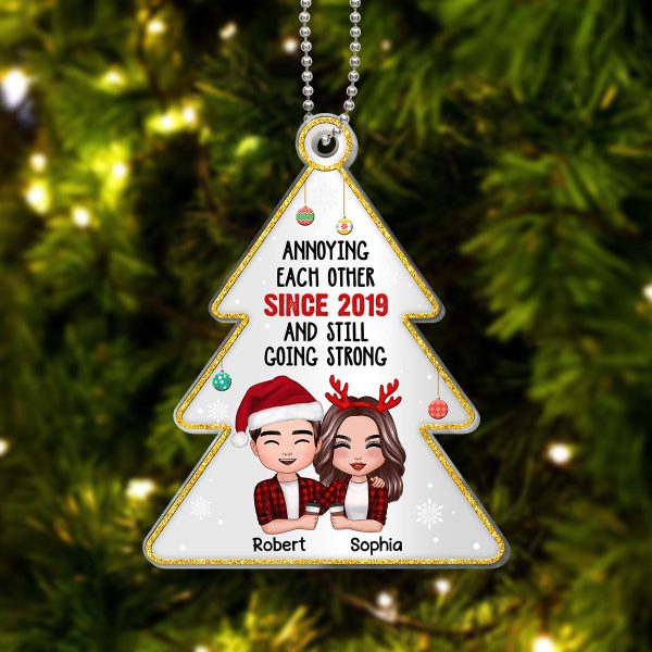 Annoying Each Other Since Doll Couple Hugging Holding Drinks Personalized Christmas Tree Shaped Acrylic Ornament Online