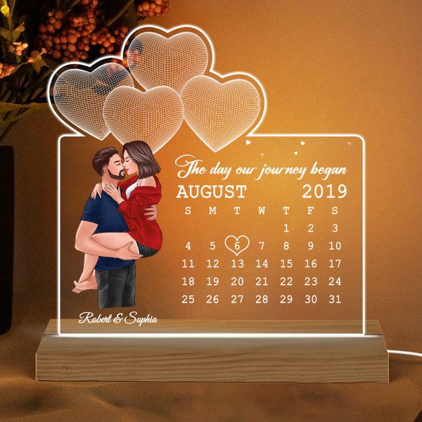 Man Holding Woman Kissing Under 3D Heart Anniversary Date Calendar Personalized Custom Shape Acrylic Plaque With LED Night Light Online - Image 2