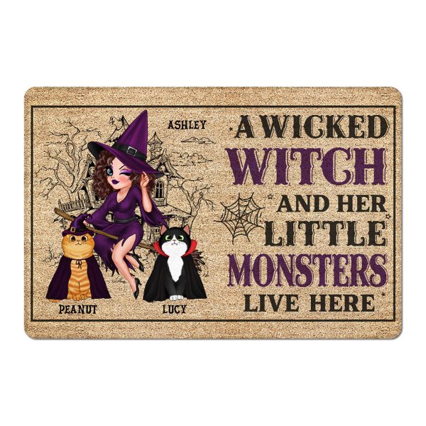 Doll Wicked Witch On Broom And Little Monsters Fluffy Cats Live Here Personalized Doormat Hot on Sale