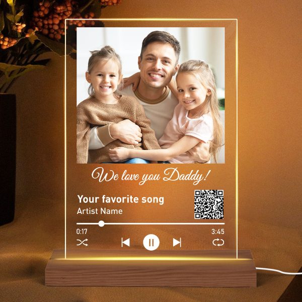 Best Dad Ever Custom Photo Favorite Song Scannable QR Code Father‘s Day Gift Personalized Rectangle Acrylic Plaque LED Night Light Sale