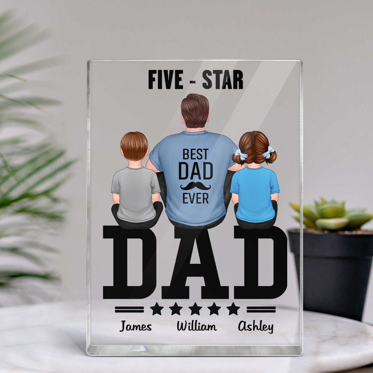 Five – Star Dad Back View Dad And Kids Personalized Rectangle Acrylic Block Plaque Supply