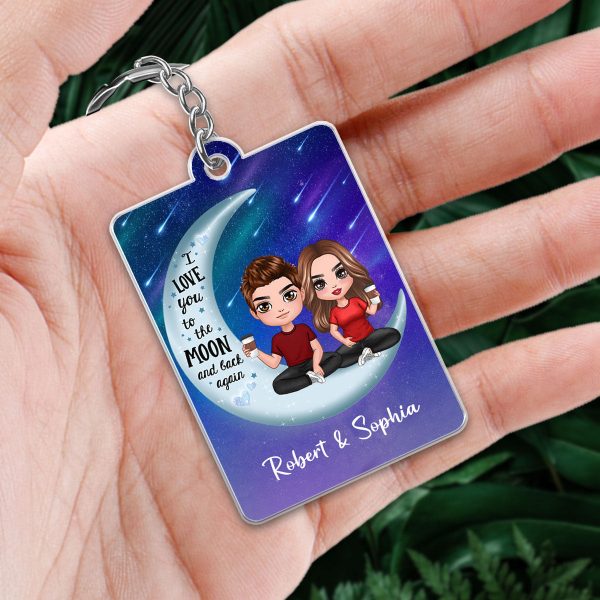 Doll Couple Sitting On Moon I Love You To The Moon And Back Favorite Song Scannable QR Code Personalized Acrylic Keychain Discount - Image 2