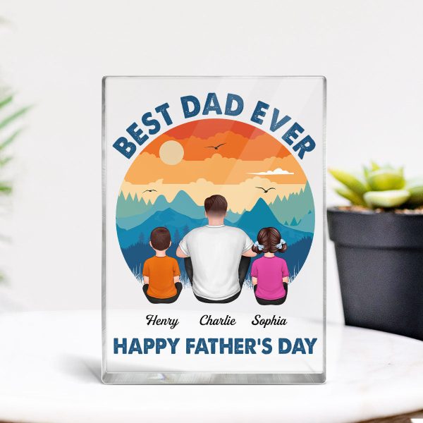 Retro Best Dad Ever Happy Father‘s Day Back View Man Sitting With Kids Dogs Cats Personalized Vertical Rectangle Acrylic Block Plaque Online