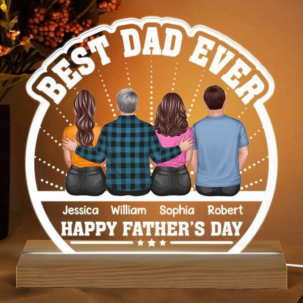 Best Dad Ever Back View Dad And Daughters Sons Sitting Personalized Custom Shape Acrylic Plaque Warm LED Night Light Online Hot Sale - Image 2
