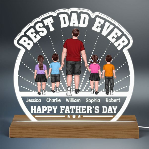 Best Dad Ever Back View Man Walking With Kids Dog Cat Personalized Custom Shaped Acrylic Plaque With Warm LED Night Light on Sale - Image 3
