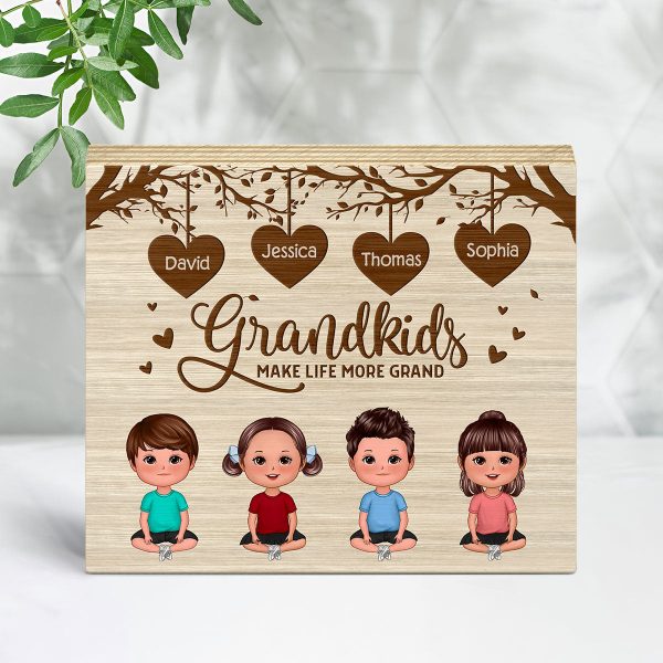 Grandkids Make Life More Grand Heart Tree Personalized Horizontal Rectangel Wooden Plaque For Discount