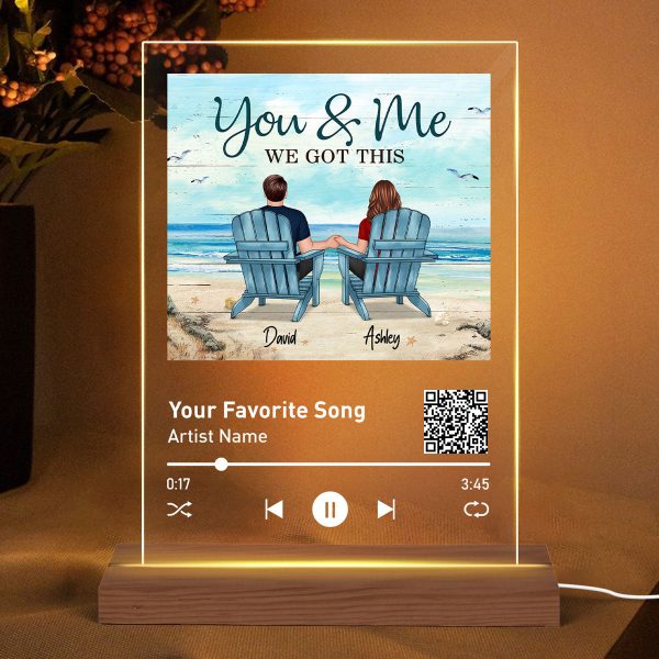 Back View Couple Sitting Beach Landscape Favorite Song Scannable QR Code Gift For Him For Her Personalized Rectangle Acrylic Plaque LED Night Light Sale
