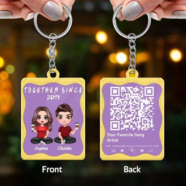 Doll Couple Sitting Purple Yellow Favorite Song Scannable QR Code Personalized Acrylic Keychain Discount