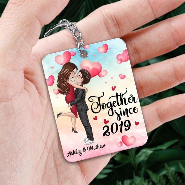 Watercolor Hearts Doll Couple Hugging Kissing Favorite Song Scannable QR Code Personalized Acrylic Keychain Online Sale - Image 3