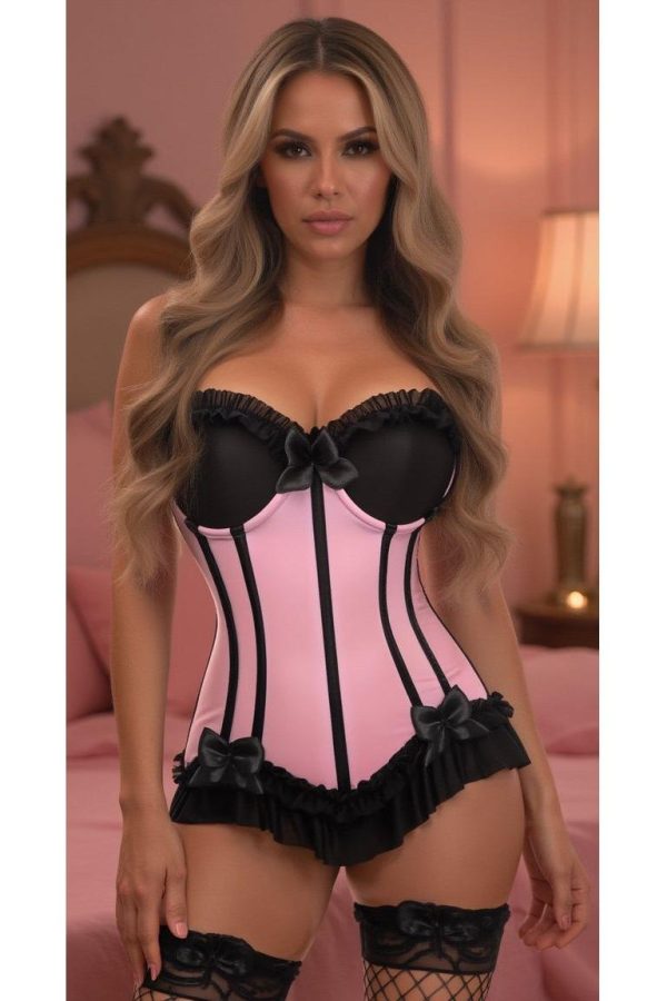Lavish Lt Pink w Black Lycra Hook & Eye Stretch Bustier Corset on Sale